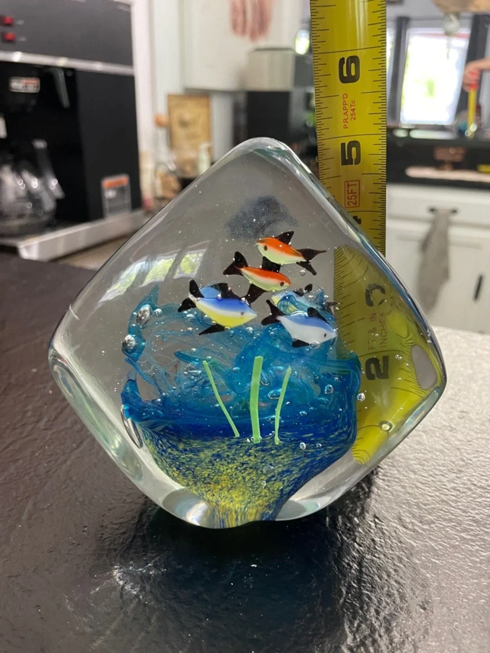 Handblown Glass Aquarium Sculpture with Blue Wave and Multicolor Fish
